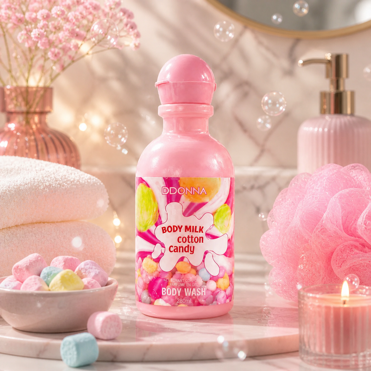 Gel Douche Cotton Candy DDONNA 280ML – gel douche gourmand à la barbe à papa pour une peau douce, propre et délicatement parfumée d’une senteur sucrée addictive.