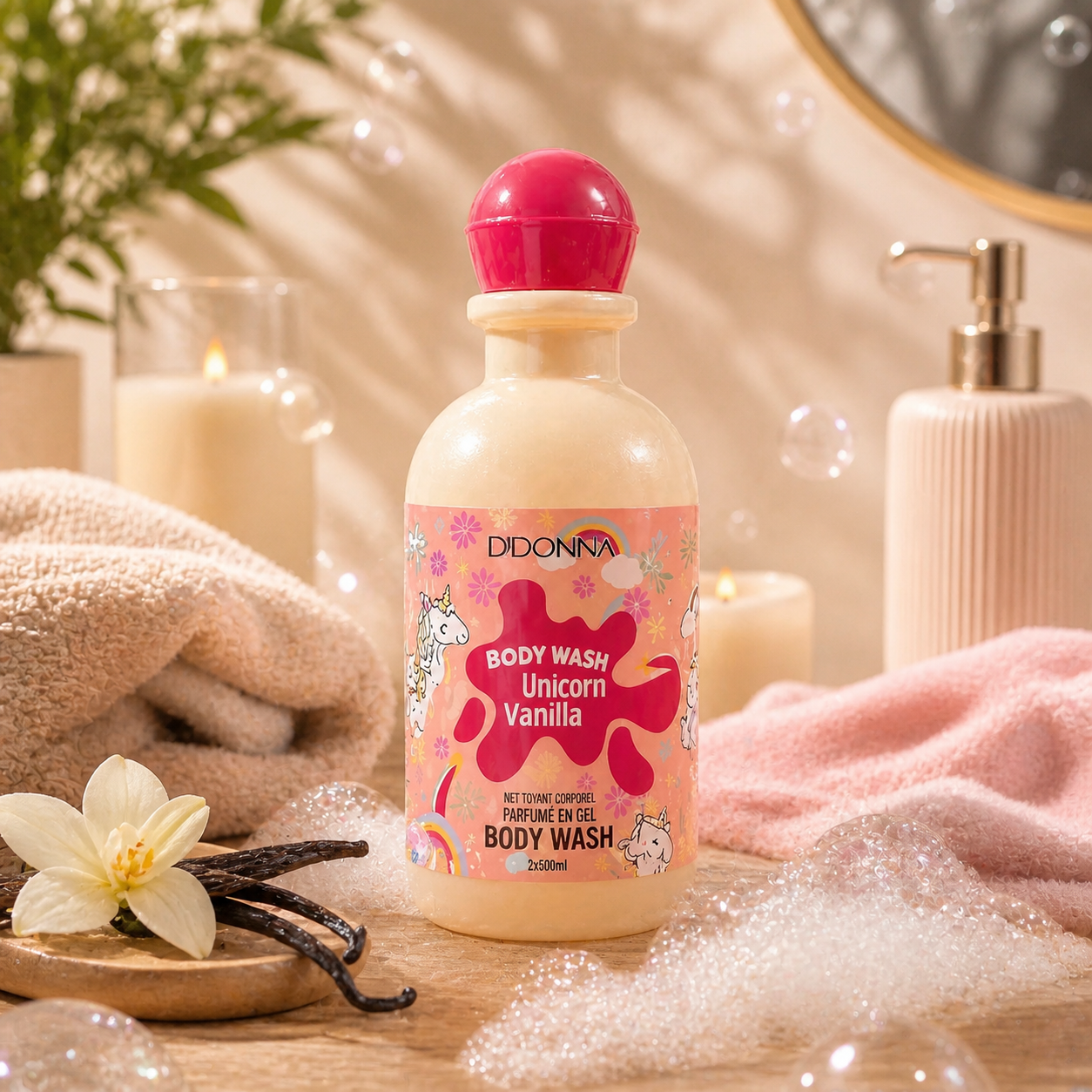 Gel Douche Unicorn Vanilla DDONNA 280ML – gel douche gourmand à la vanille sucrée dans un univers féerique, pour une peau douce, propre et délicatement parfumée.