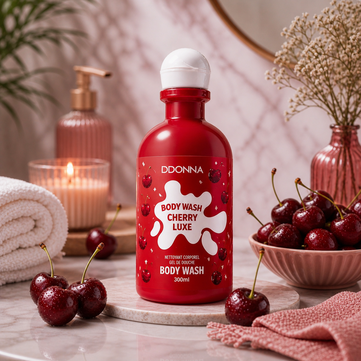 Gel Douche Cherry Luxe DDONNA 280ML – gel douche gourmand au parfum intense de cerise sucrée pour une peau douce, propre et délicatement parfumée.