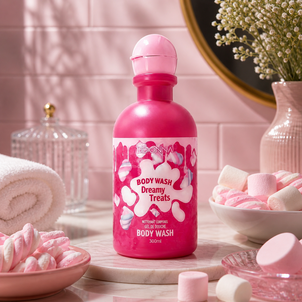 Gel Douche Dreamy Treats DDONNA 280ML – gel douche gourmand aux notes bonbon sucré et marshmallow pour une peau douce, propre et délicatement parfumée.