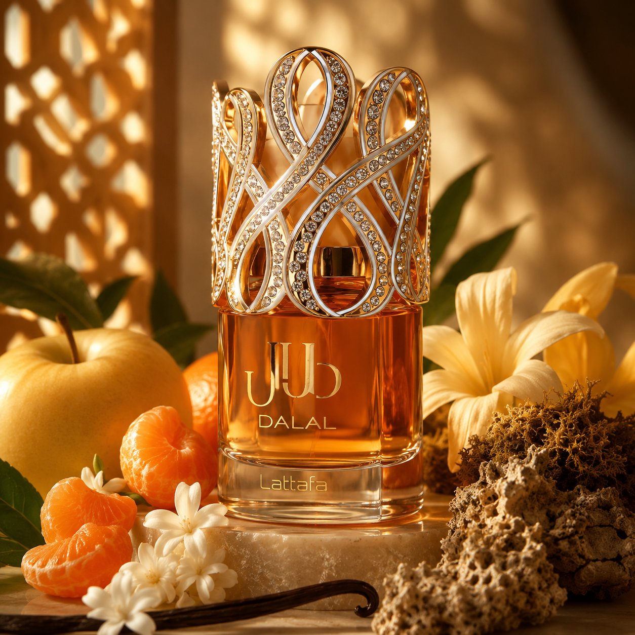 Dalal Lattafa parfum 100ml dans une ambiance chaleureuse et raffinée avec fruits, fleurs blanches et vanille