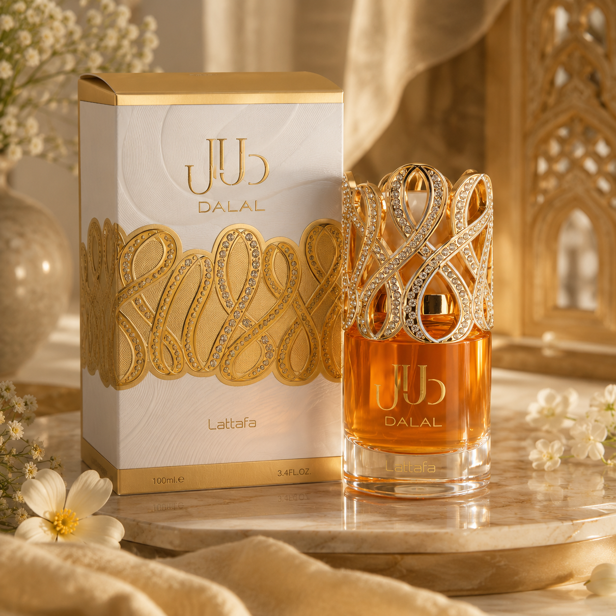 Dalal Lattafa eau de parfum 100ml avec boîte et flacon dans un décor élégant et lumineux