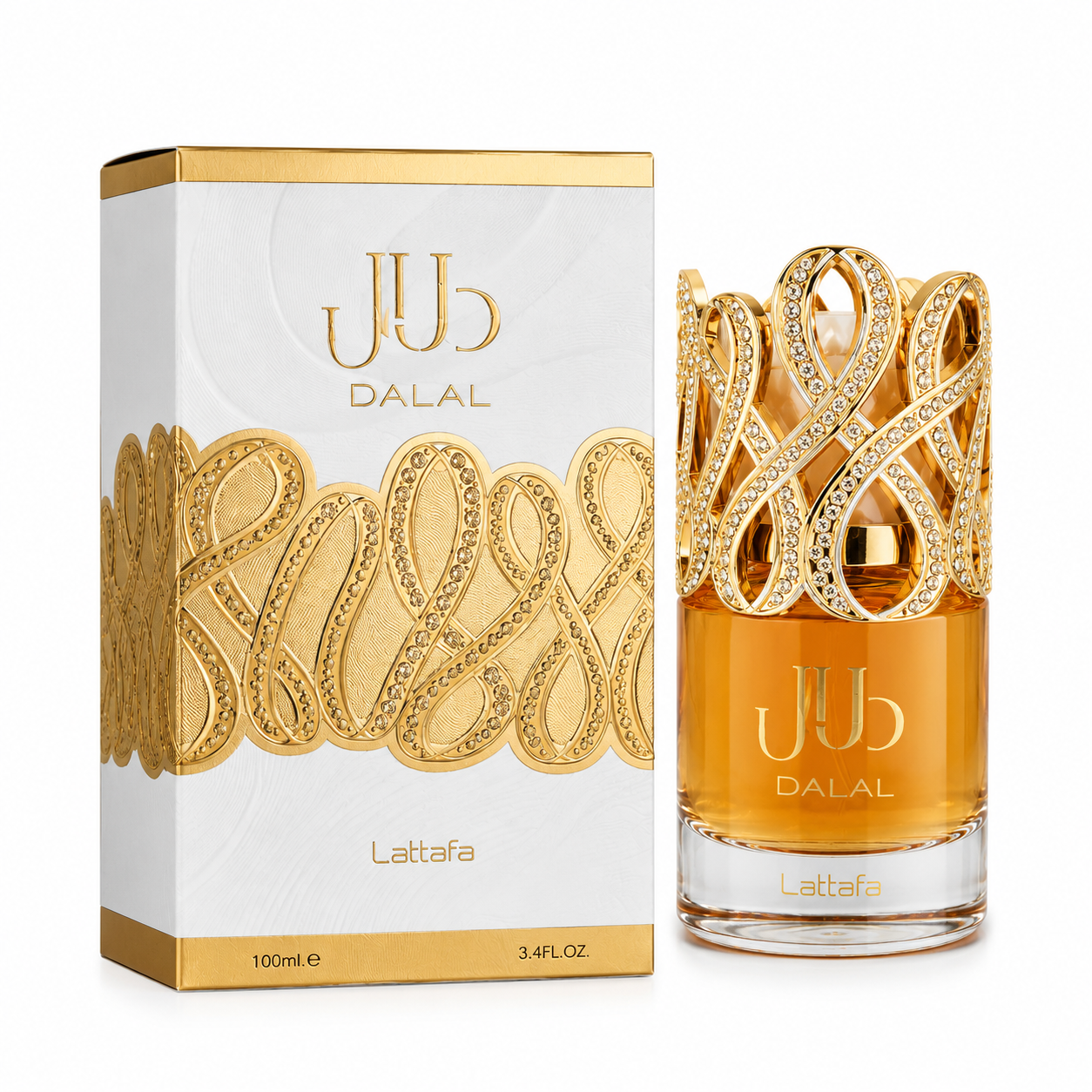 Dalal Lattafa parfum 100ml flacon et boîte sur fond blanc, photo produit officielle