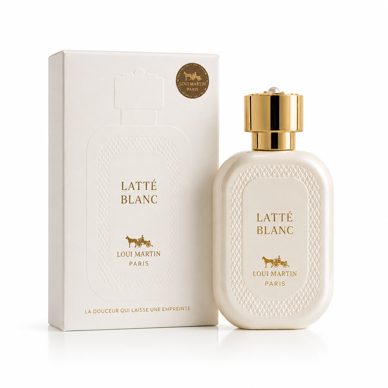 Latté Blanc Loui Martin parfum 100ml avec boîte et flacon sur fond blanc, photo produit élégante