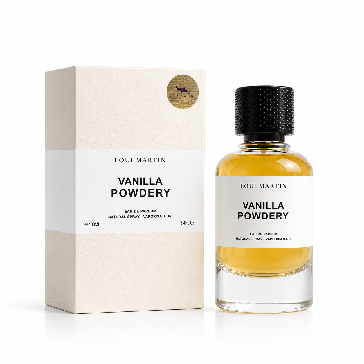 Parfum Vanilla Powdery Loui Martin 100 ml avec bouteille et boîte sur fond blanc, visuel produit élégant et minimaliste.
