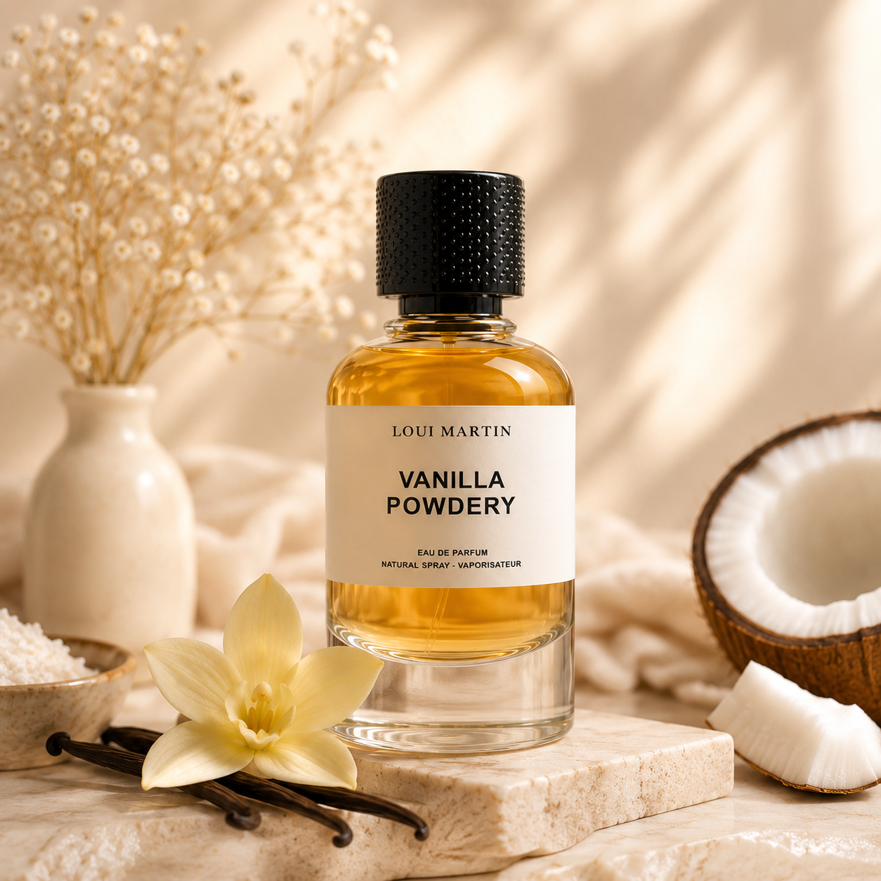 Bouteille de parfum Vanilla Powdery Loui Martin 100 ml dans une ambiance chaleureuse coco, vanille et douceur poudrée.