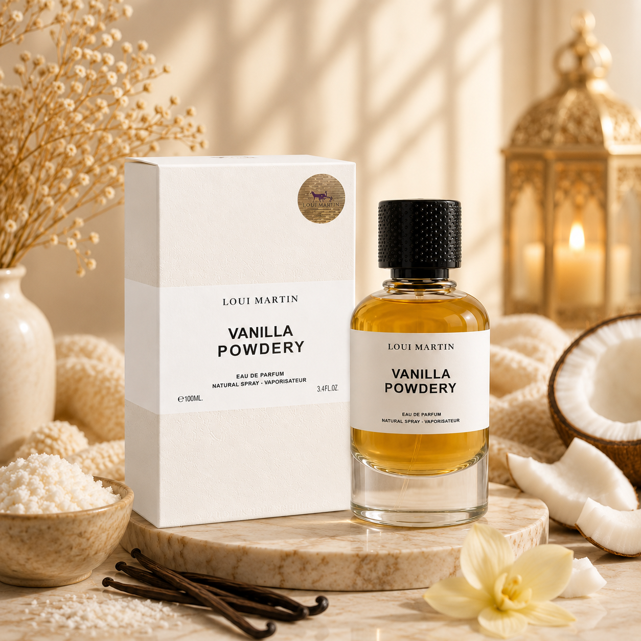 Parfum Vanilla Powdery Loui Martin 100 ml avec boîte et flacon dans une mise en scène luxueuse inspirée de la vanille, noix de coco et musc blanc.