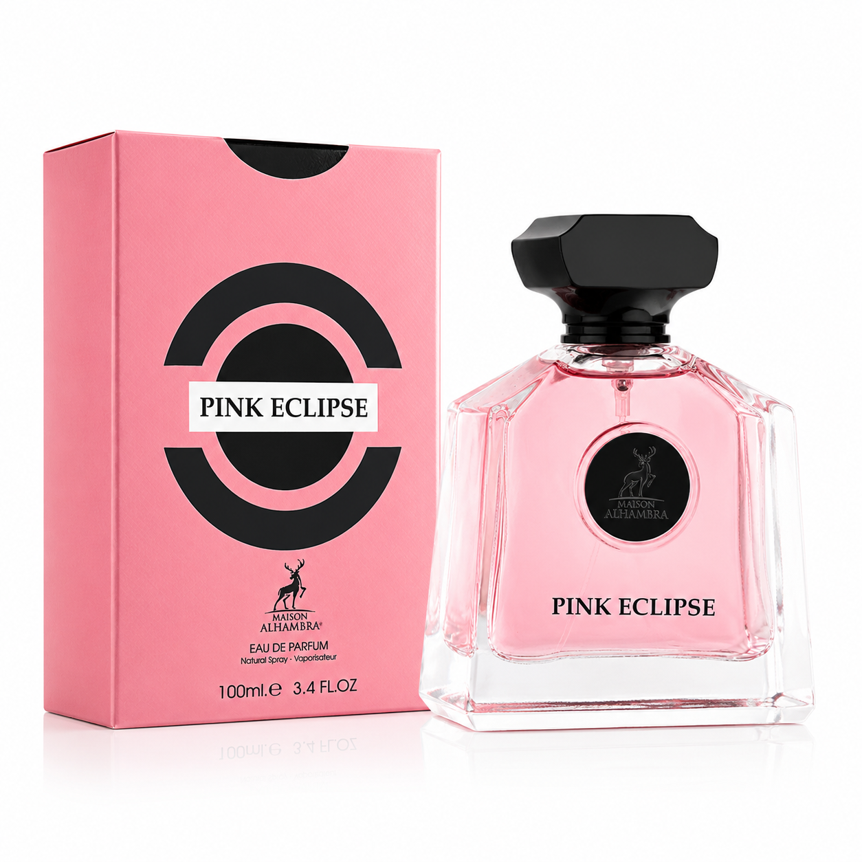Pink Eclipse Maison Alhambra eau de parfum femme 100ml avec boîte dans une ambiance florale et fruitée aux notes de poire, bergamote, fleur d’oranger, vanille, ambre et musc.