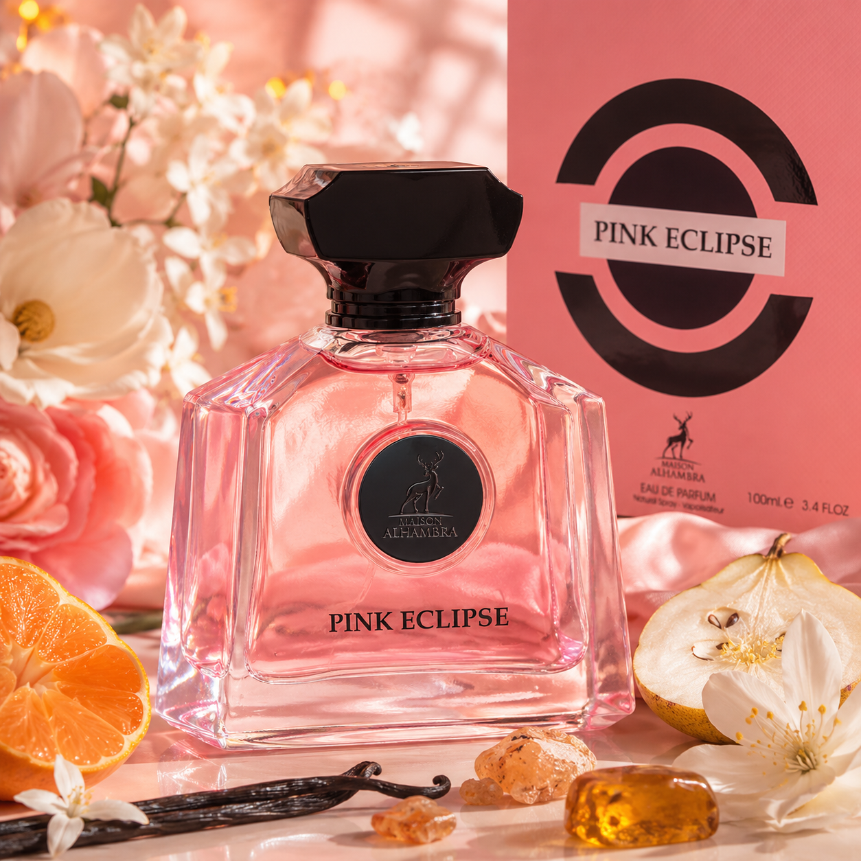 Pink Eclipse Maison Alhambra eau de parfum 100ml bouteille et boîte sur fond blanc, photo produit carrée pour fiche produit e-commerce.