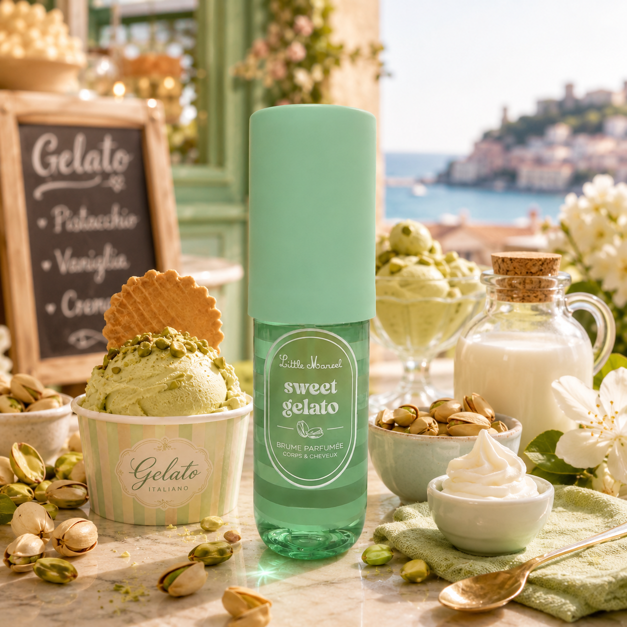 Brume parfumée Little Marcel Sweet Gelato 160ML dans une ambiance gourmande pistache avec glace italienne, vanille et notes lactées