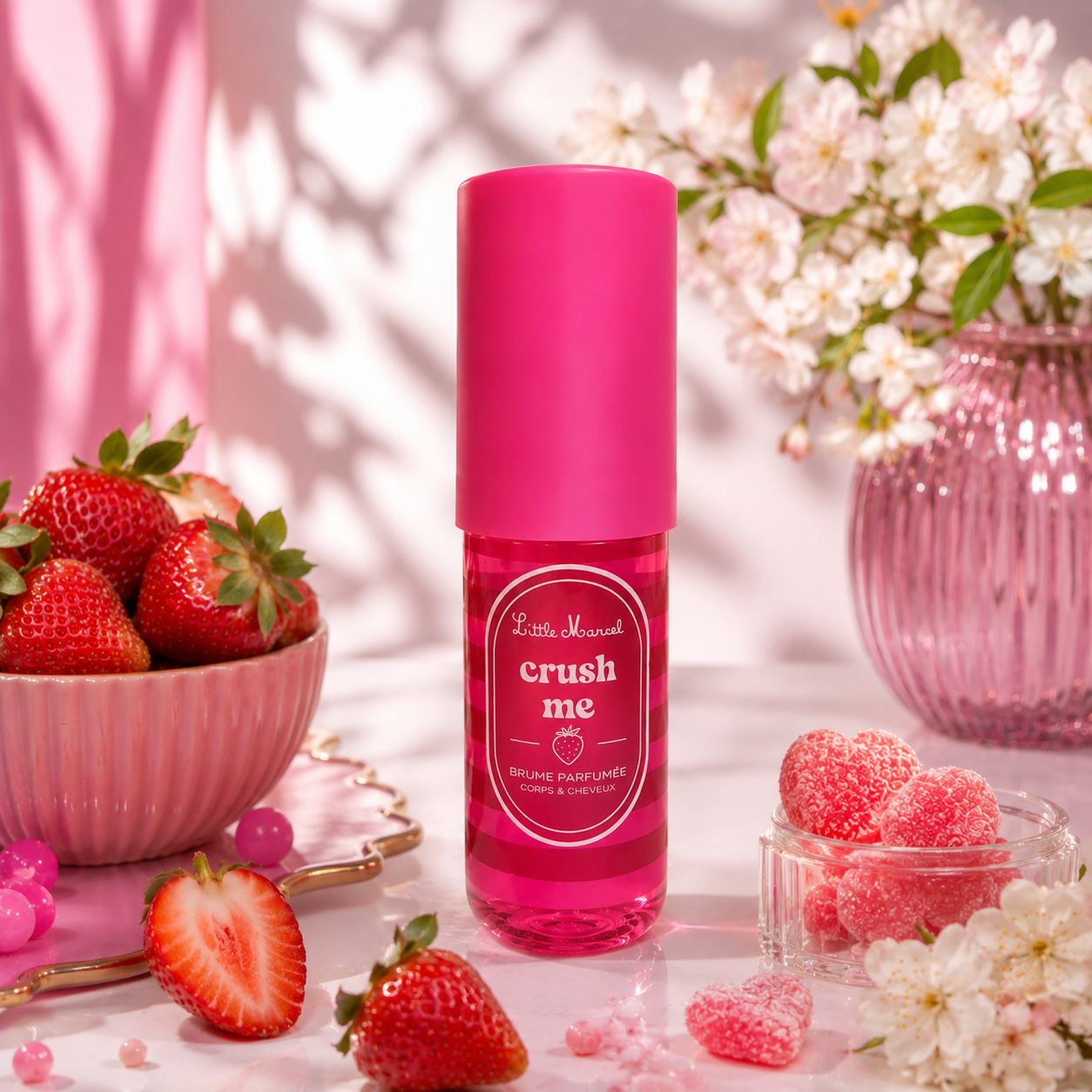 Brume parfumée Little Marcel Crush Me 160ML dans une ambiance rose gourmande avec fraises fraîches, bonbons sucrés et fleurs délicates