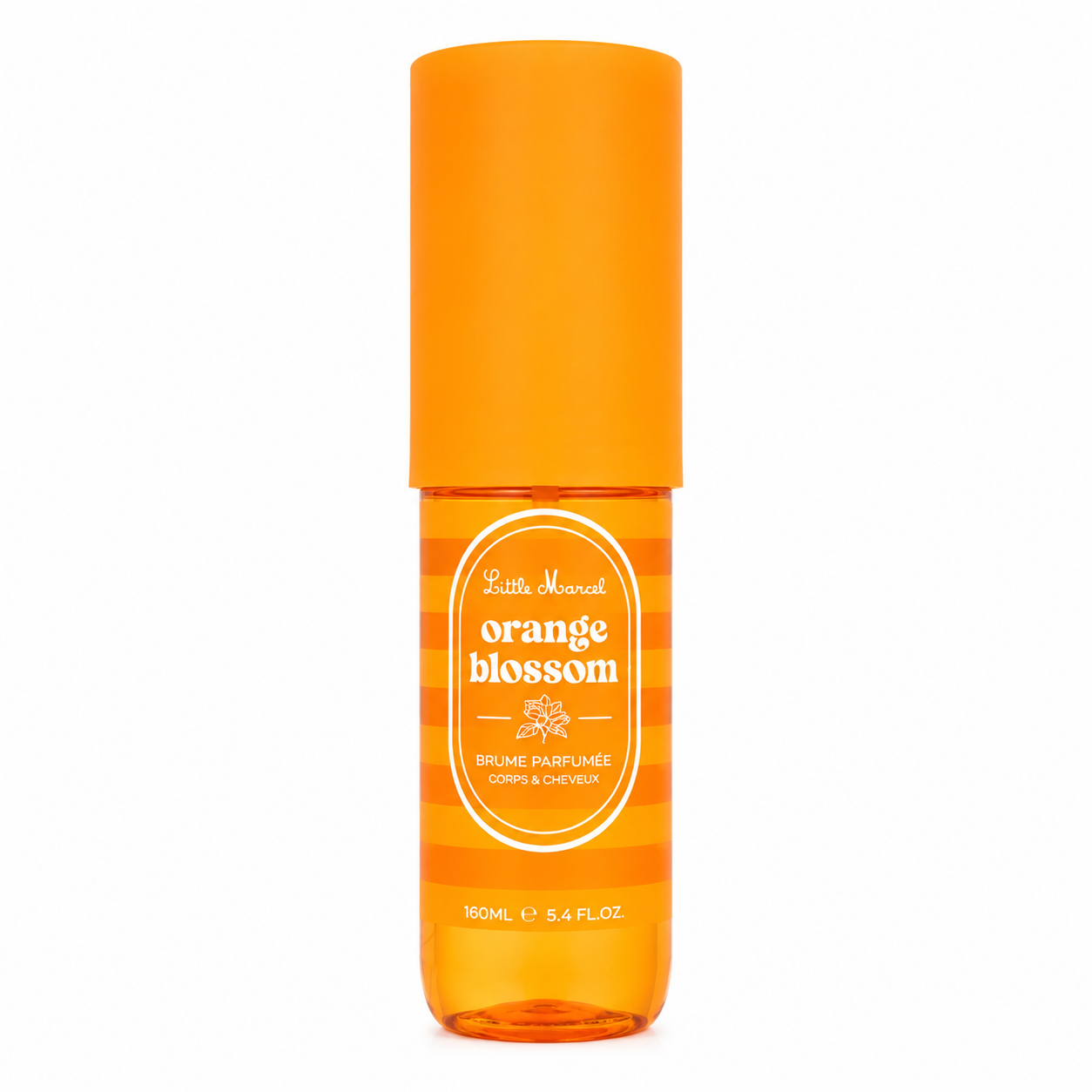 Brume parfumée Little Marcel Orange Blossom 160ML sur fond blanc avec flacon orange mis en évidence pour fiche produit e-commerce