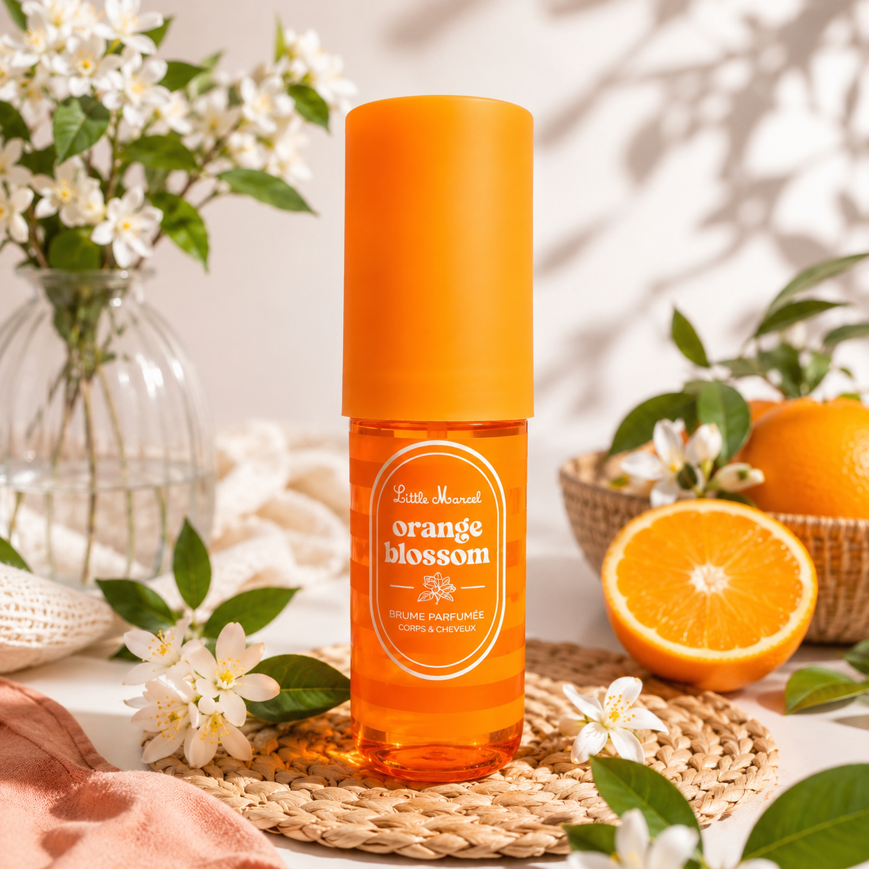 Brume parfumée Little Marcel Orange Blossom 160ML dans une ambiance estivale solaire avec oranges fraîches, fleurs blanches et décor méditerranéen lumineux