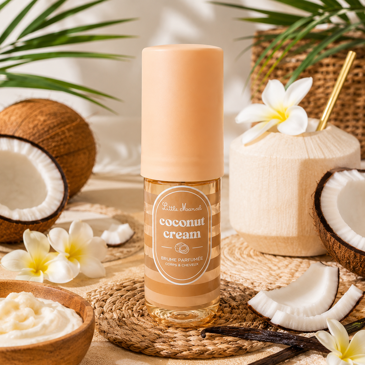 Brume parfumée Little Marcel Coconut Cream 160ML dans une ambiance coco tropicale avec noix de coco fraîche, vanille, fleurs blanches et univers exotique gourmand