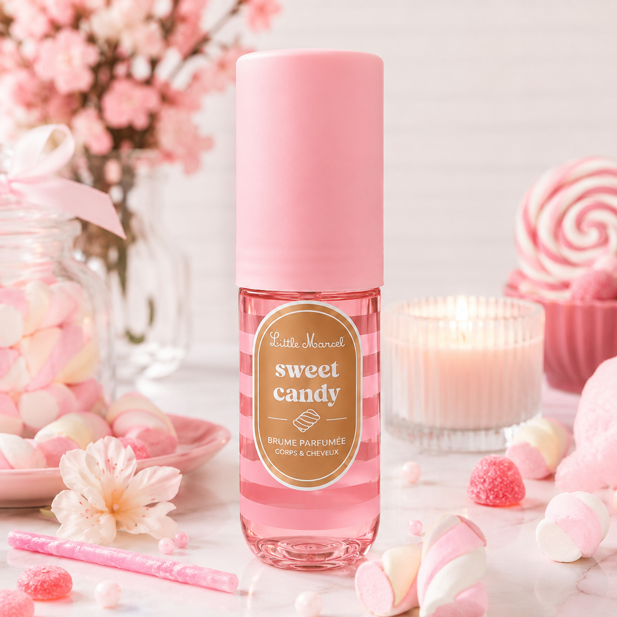 Brume parfumée Little Marcel Sweet Candy 160ML dans une ambiance gourmande avec bonbons colorés, guimauve, fruits rouges sucrés, vanille douce et univers pop féminin