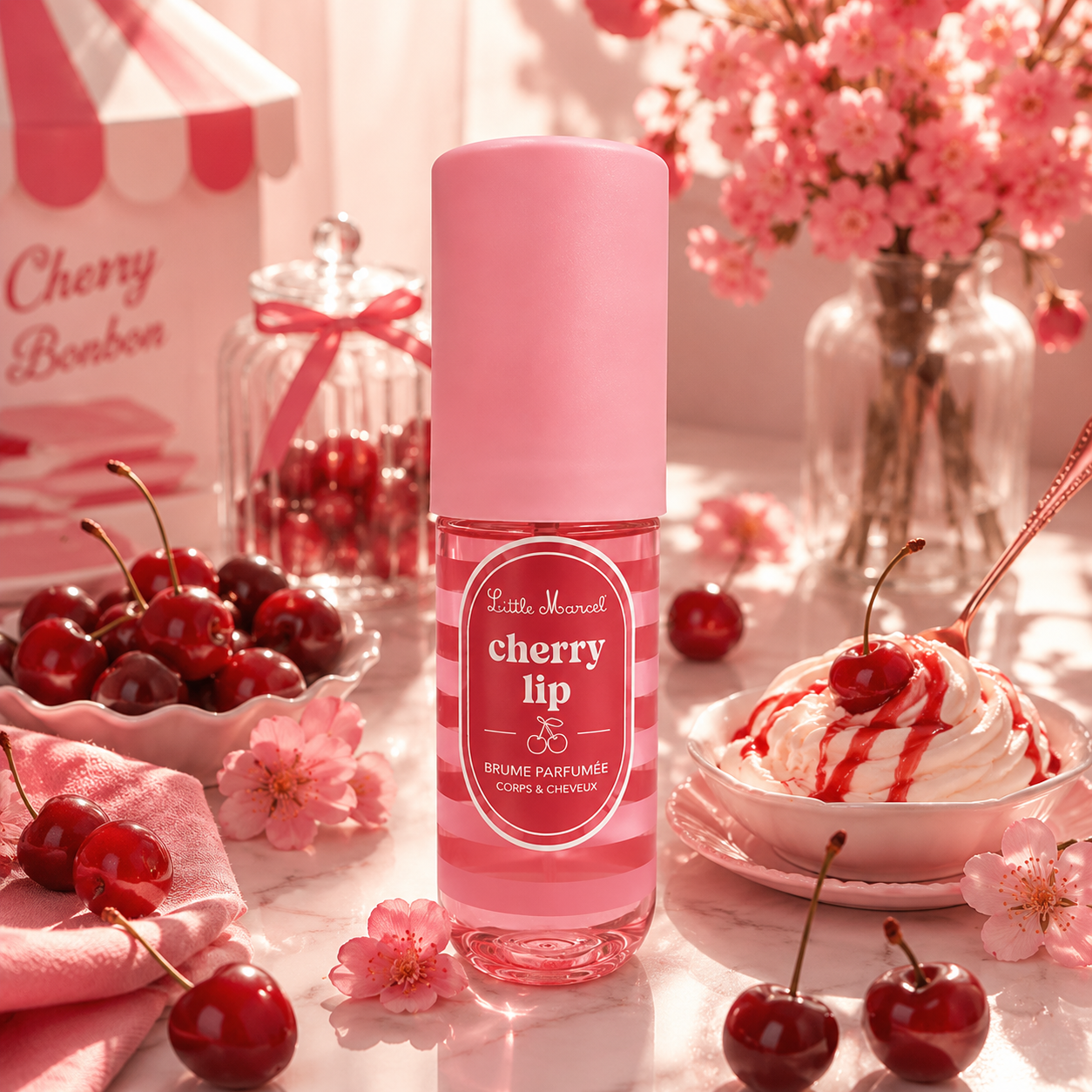 Brume parfumée Little Marcel Cherry Lip 160ML dans une ambiance gourmande cerise avec fruits rouges, fleurs roses et dessert sucré