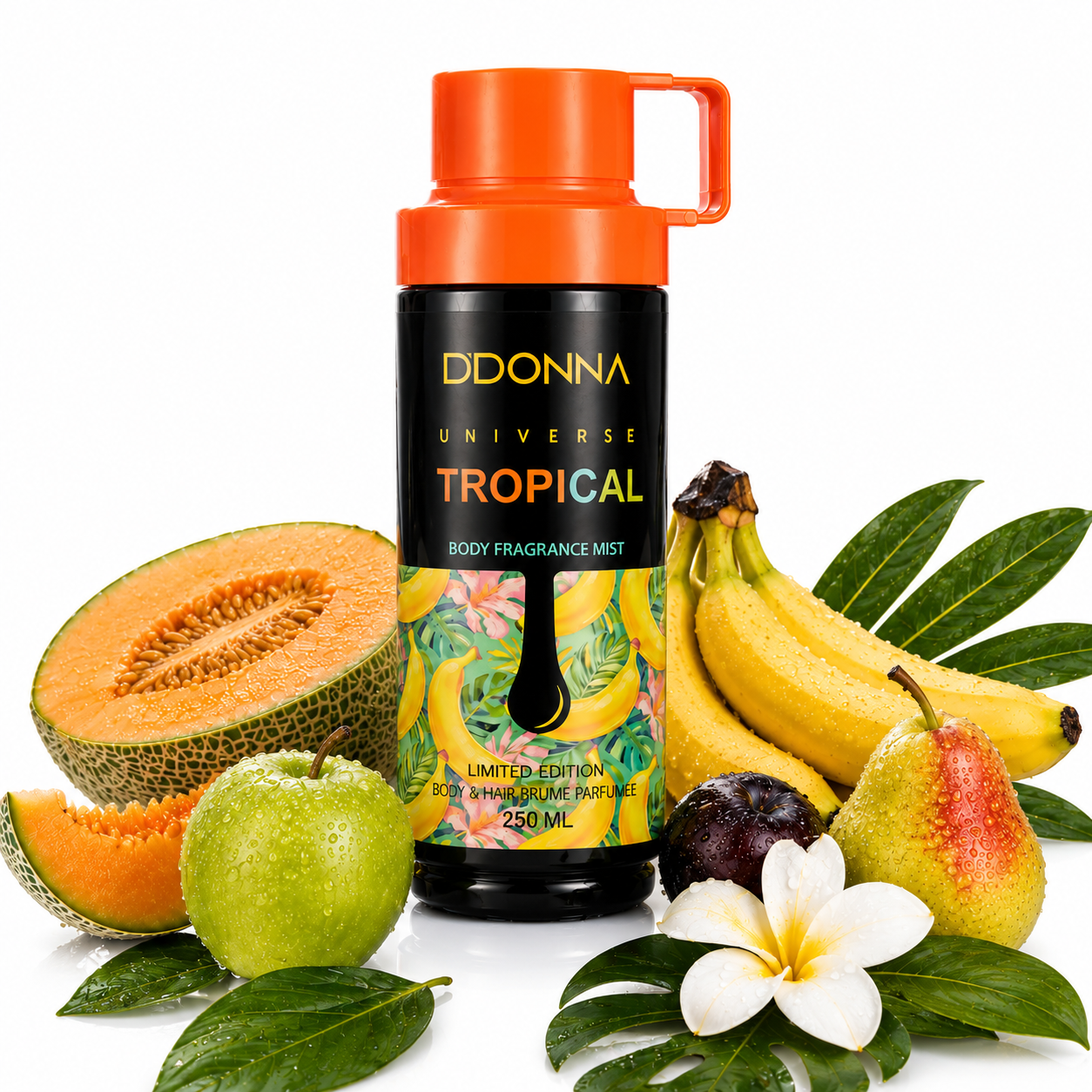 Brume parfumée D’Donna Universe Tropical 250ML sur fond blanc avec melon, banane, poire, pomme verte et fleurs tropicales, idéale pour fiche produit e-commerce.