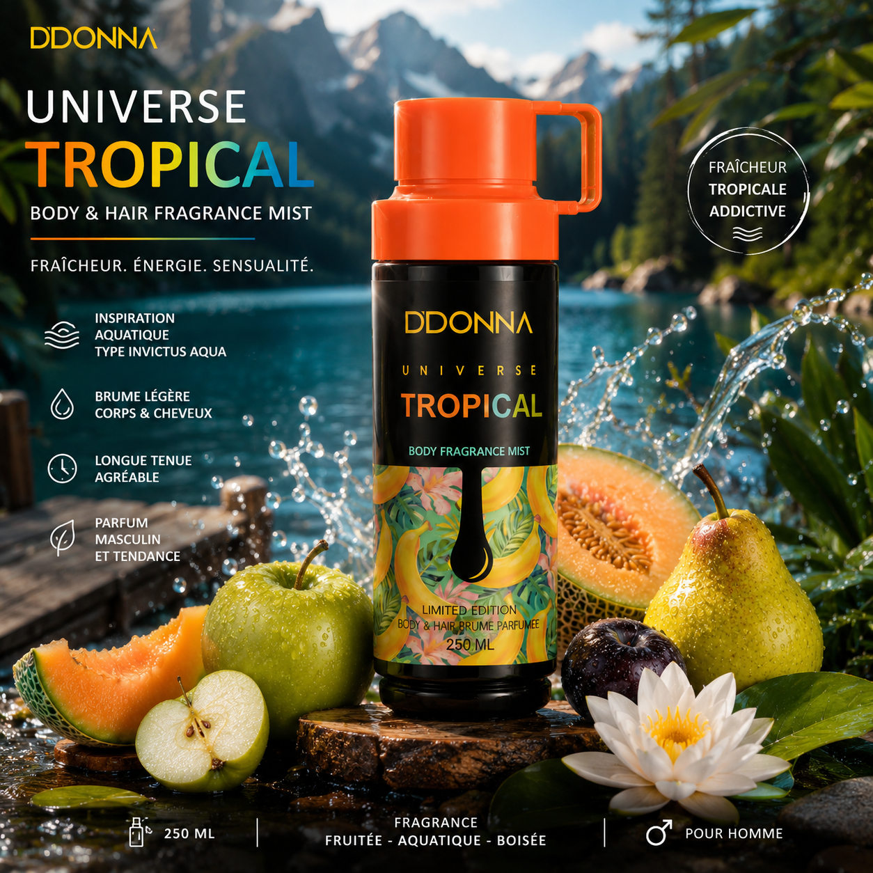 Brume parfumée D’Donna Universe Tropical 250ML dans une ambiance tropicale exotique avec melon, banane, poire, pomme verte et notes aquatiques.