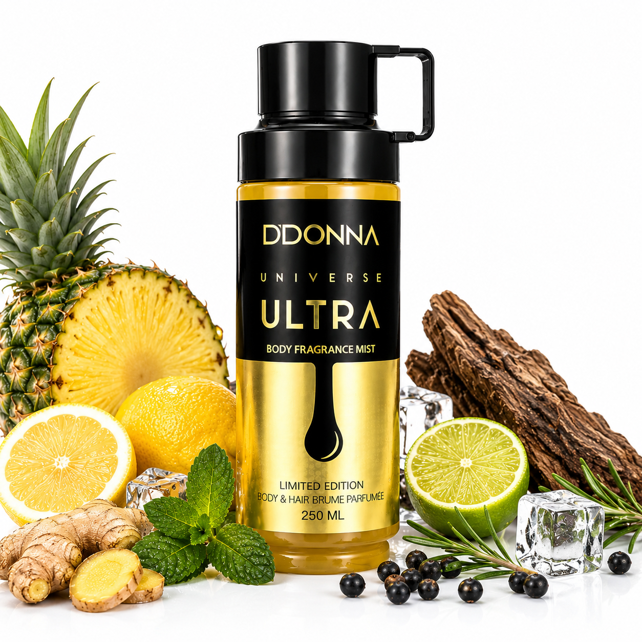 Brume parfumée D. Donna Universe Ultra 250ML sur fond blanc avec ananas, citron, citron vert, gingembre et menthe, idéale pour fiche produit e-commerce.
