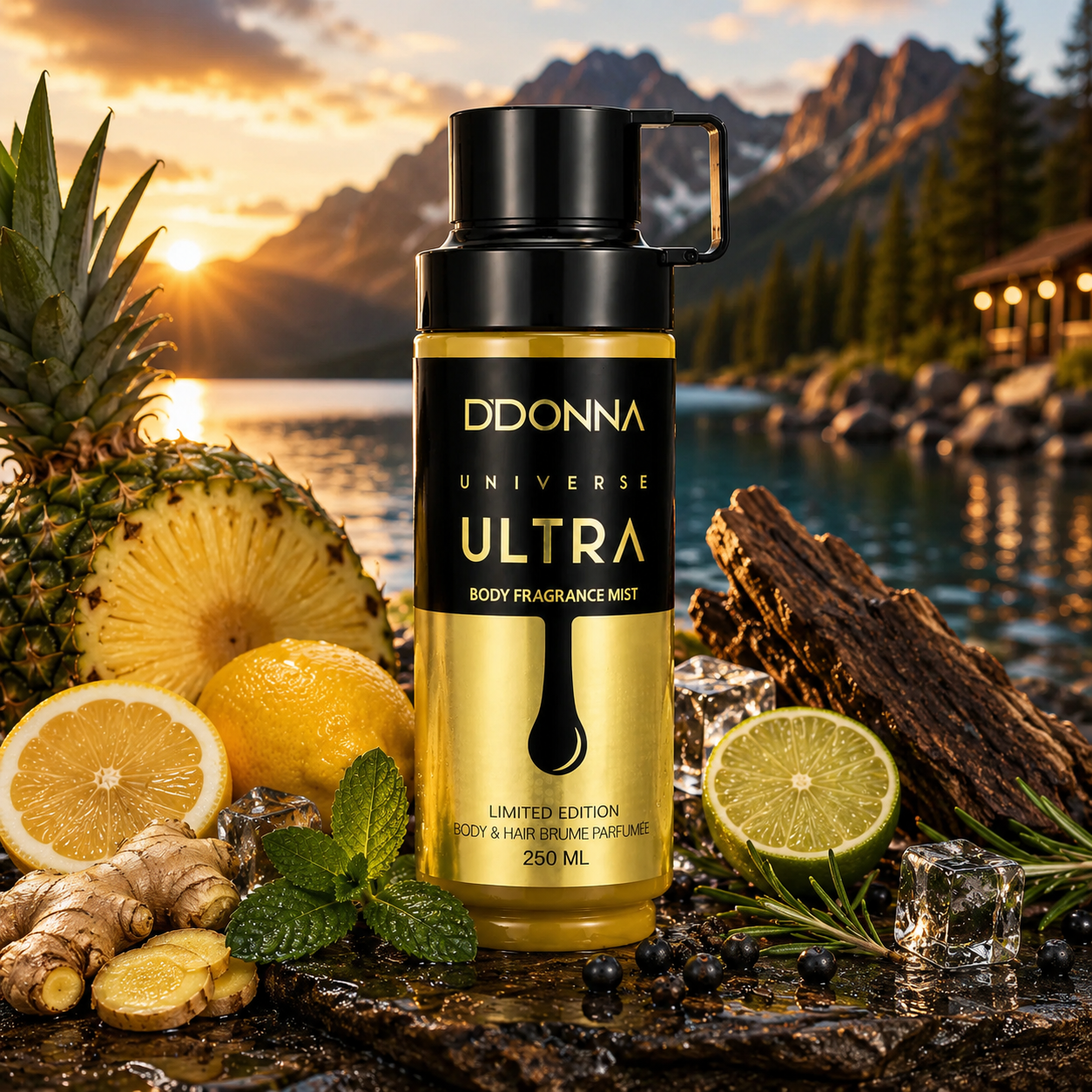 Brume parfumée D. Donna Universe Ultra 250ML dans une ambiance luxe au bord d’un lac de montagne avec ananas, citron, citron vert, gingembre, menthe et notes boisées masculines.