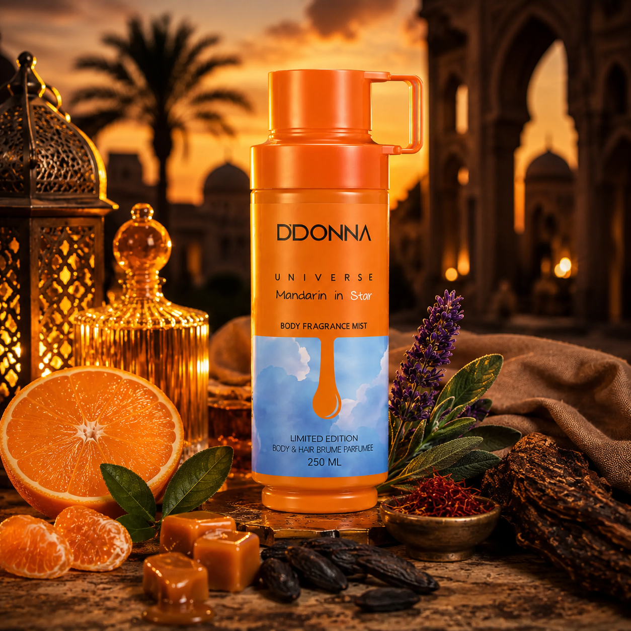 Brume parfumée D. Donna Universe Mandarin In Star 250ML dans une ambiance orientale luxueuse avec mandarine, orange, caramel, lavande, fève tonka et bois précieux.