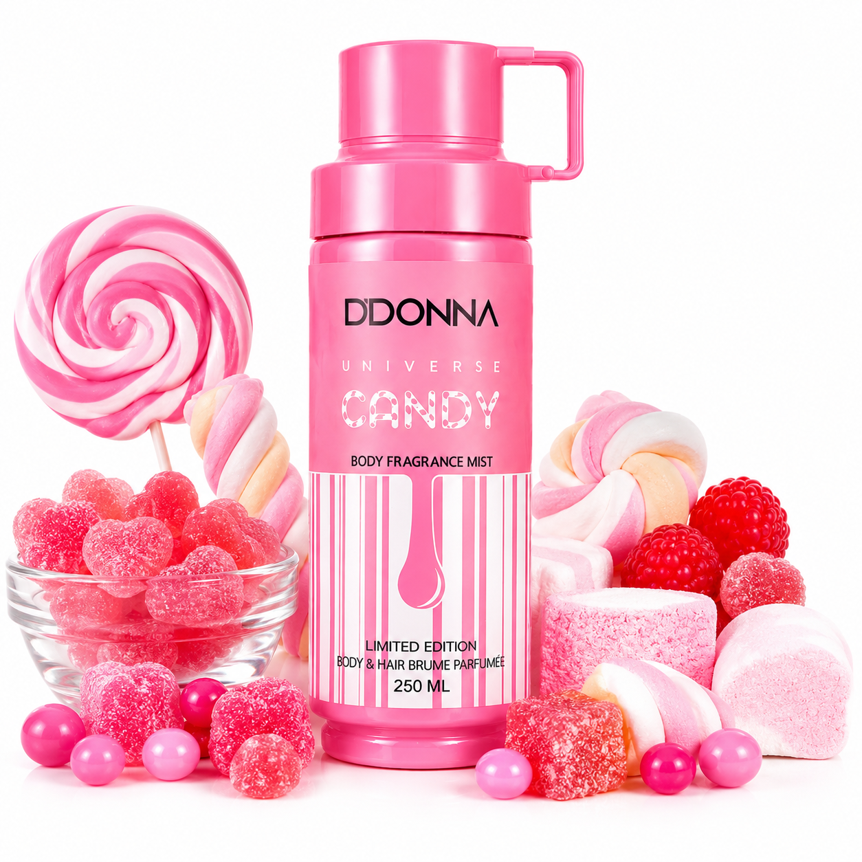 Brume parfumée D. Donna Universe Candy 250ML sur fond blanc avec bonbons roses, guimauves, sucettes, fruits rouges et gourmandises sucrées, idéale pour fiche produit e-commerce.
