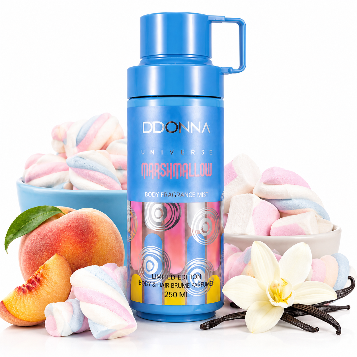 Brume parfumée D. Donna Universe Marshmallow 250ML sur fond blanc avec marshmallows, guimauves, vanille et univers gourmand pastel, idéale pour fiche produit e-commerce.