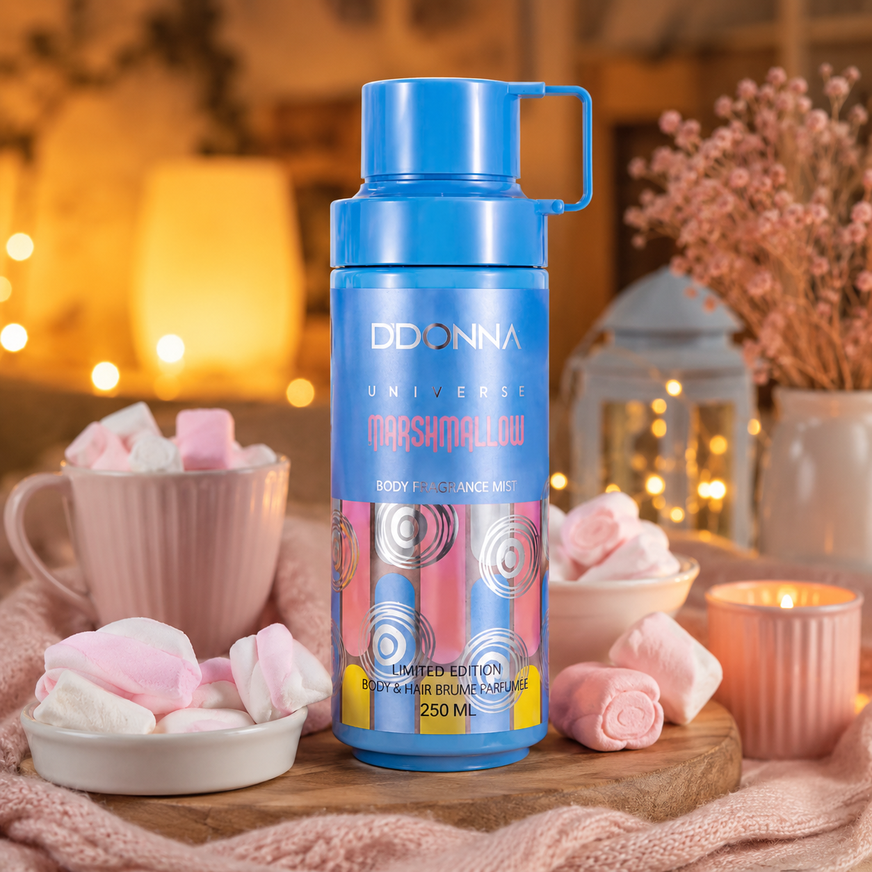 Brume parfumée D. Donna Universe Marshmallow 250ML dans une ambiance cocooning chaleureuse avec marshmallows, vanille douce, bougies, douceur sucrée et univers réconfortant.
