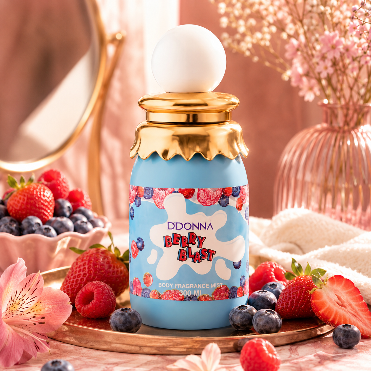 Brume parfumée Berry Blast D’Donna 300ML dans une ambiance glacée avec fruits rouges, myrtilles, framboises et fraîcheur gourmande