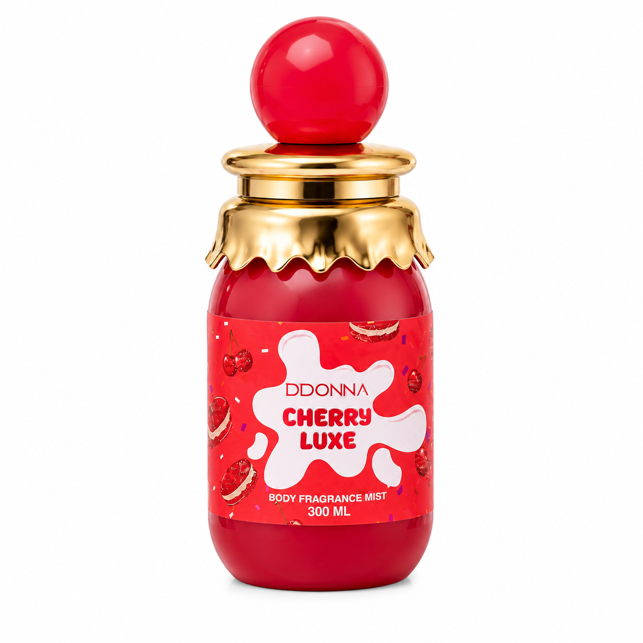 Brume parfumée Cherry Luxe D’Donna 300ML sur fond blanc studio mettant en valeur le flacon original rouge et doré avec design cerise gourmand
