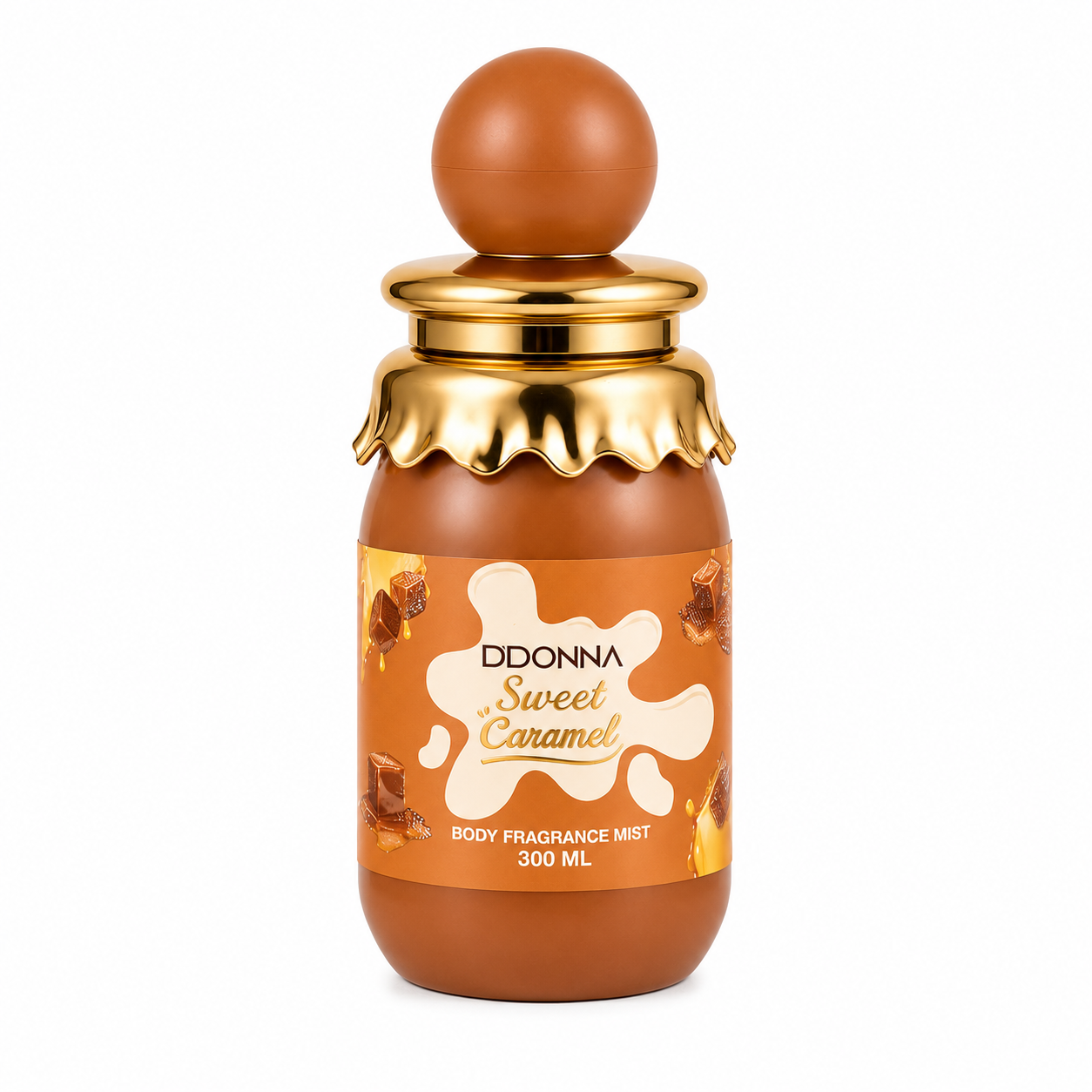 Brume parfumée Sweet Caramel D’Donna 300ML sur fond blanc studio mettant en valeur le flacon original caramel et doré avec design gourmand chaleureux