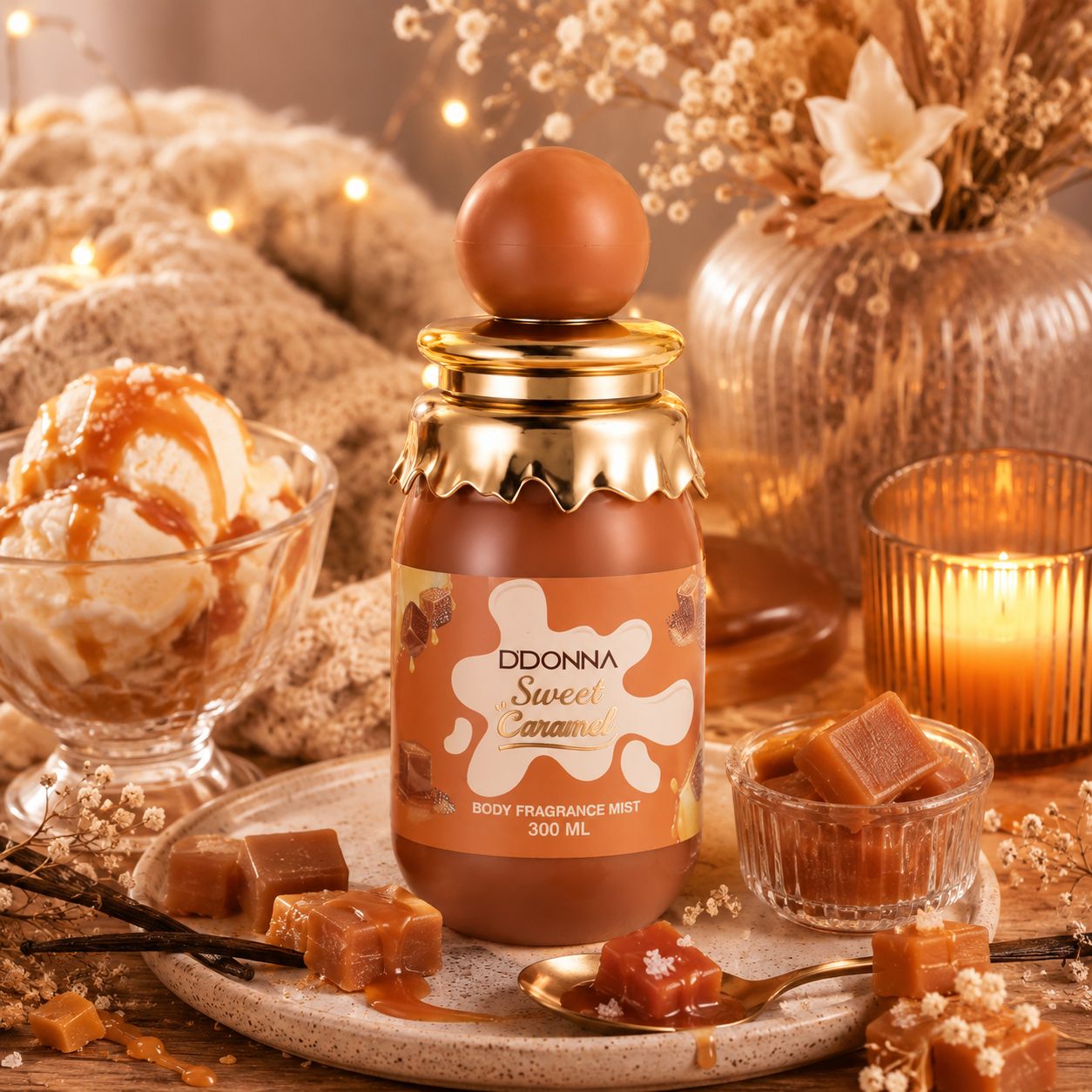 Brume parfumée Sweet Caramel D’Donna 300ML dans une ambiance cocooning gourmande avec caramel fondant, vanille, desserts sucrés et univers chaleureux