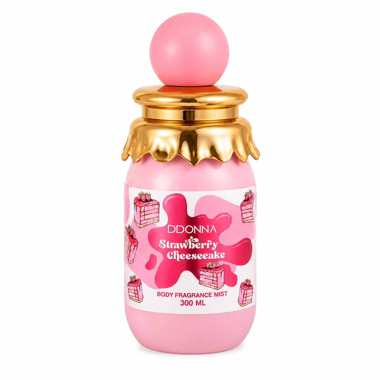 Brume parfumée Strawberry Cheesecake D’Donna 300ML sur fond blanc studio mettant en valeur le flacon original rose et doré avec design fraise cheesecake gourmand