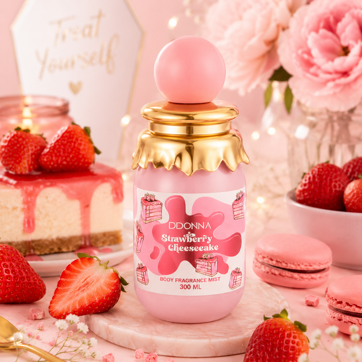Brume parfumée Strawberry Cheesecake D’Donna 300ML dans une ambiance gourmande avec cheesecake à la fraise, fraises fraîches et univers dessert sucré féminin