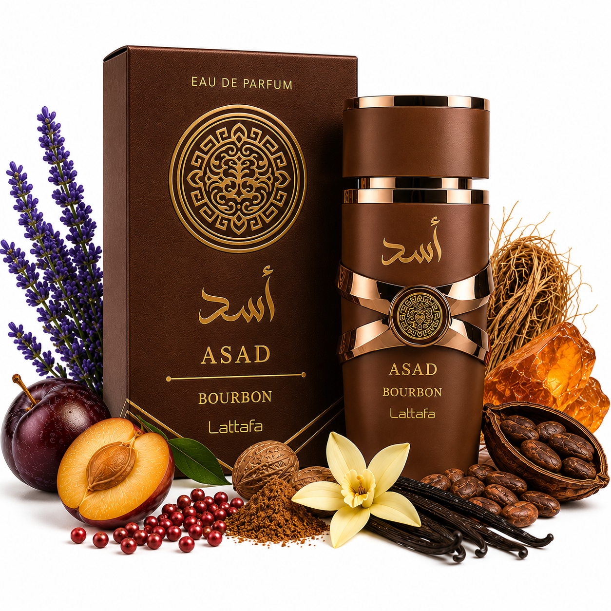 Asad Bourbon Lattafa parfum homme fond blanc avec notes lavande cacao vanille bourbon