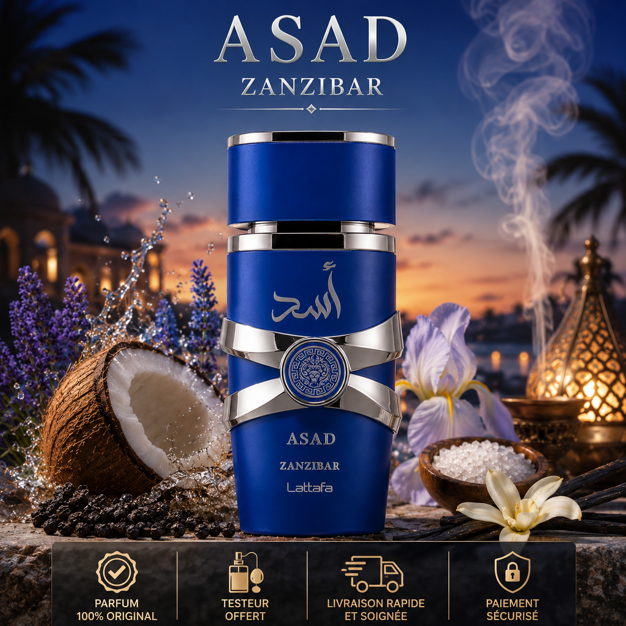 Asad Zanzibar Lattafa parfum original 100ML avec testeur offert livraison rapide et paiement sécurisé