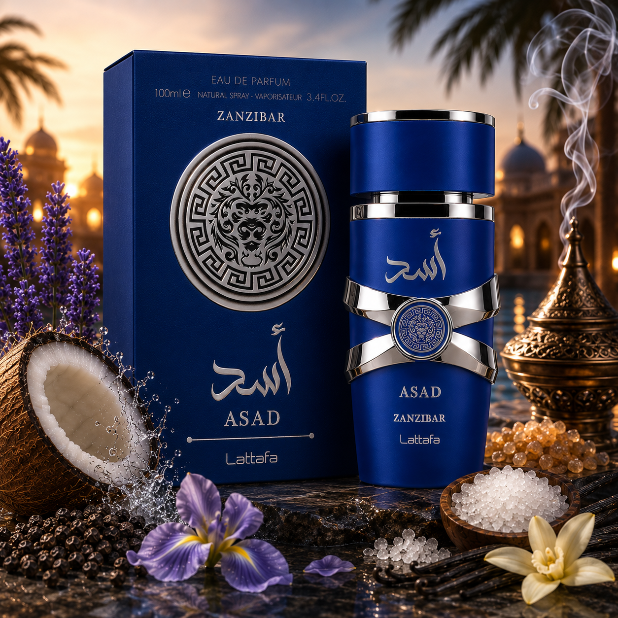 Parfum Asad Zanzibar Lattafa avec boîte et flacon dans une ambiance tropicale luxueuse au coucher du soleil