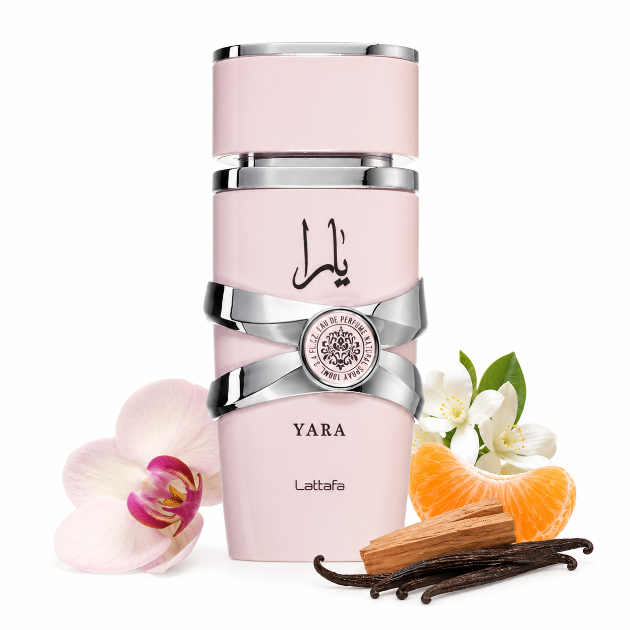 Flacon Yara Lattafa 100ML parfum femme oriental floral fond blanc avec notes visuelles