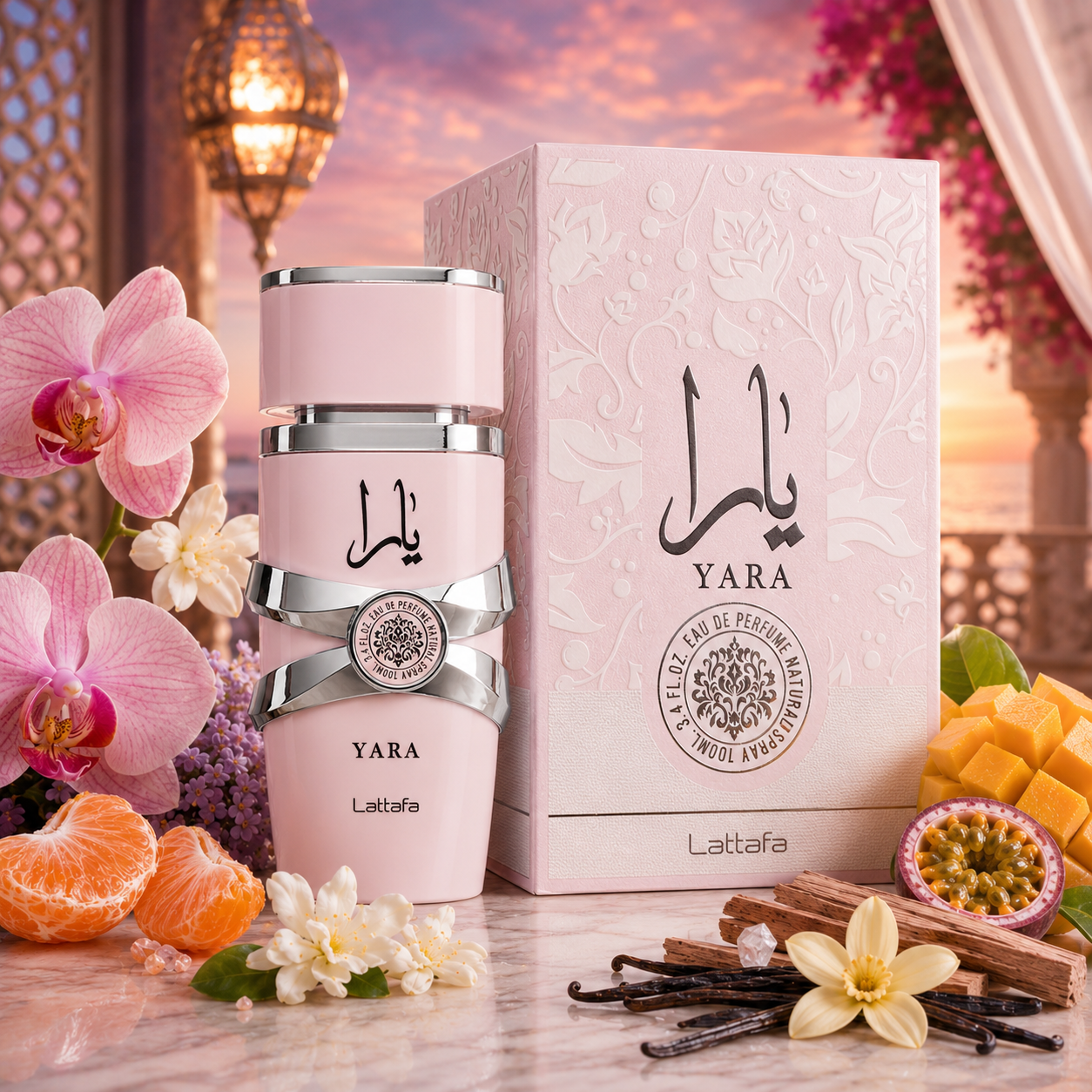 Yara Lattafa parfum femme 100ML avec boîte originale dans une ambiance florale orientale élégante