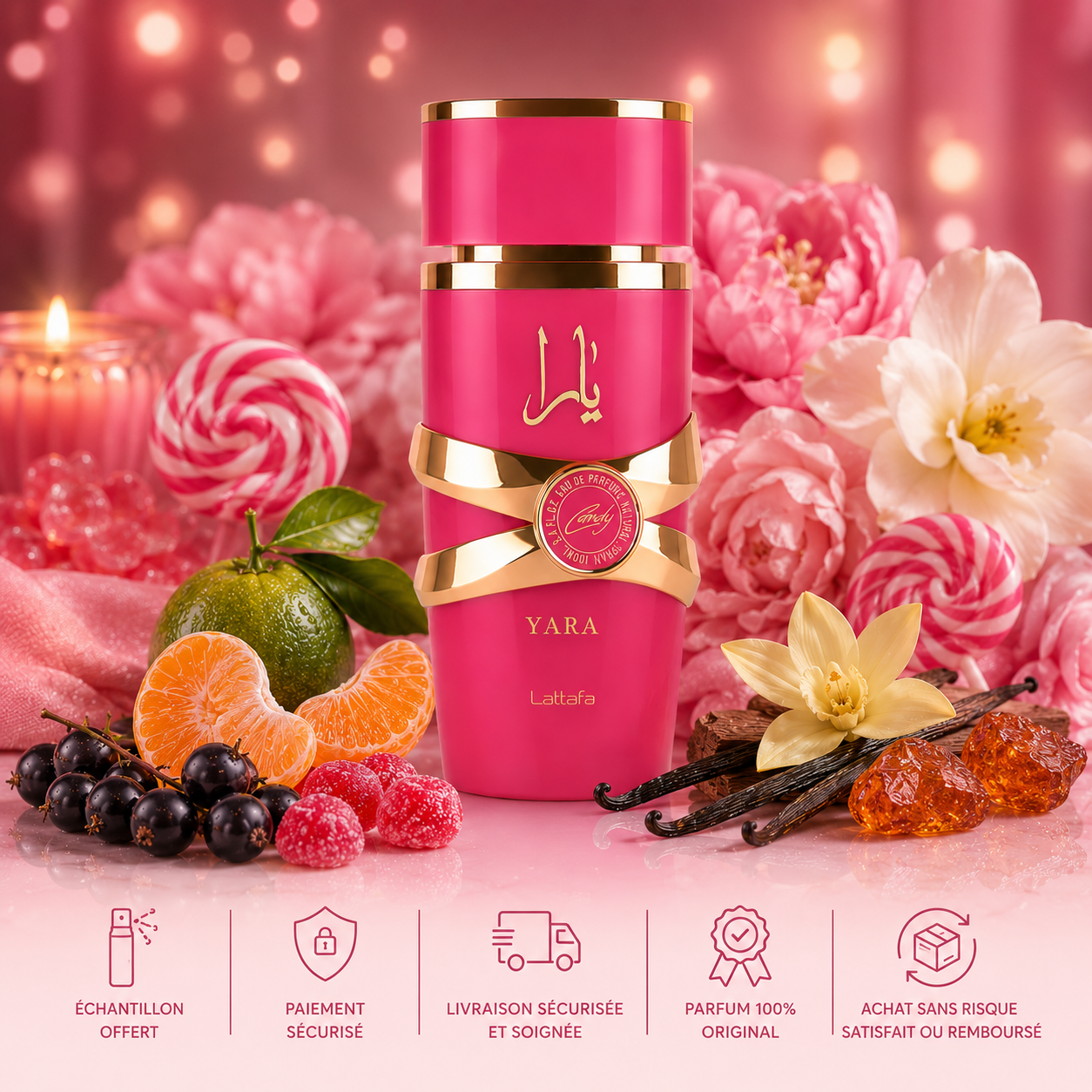 Yara Candy Lattafa parfum original 100ML avec échantillon offert paiement sécurisé et livraison rapide