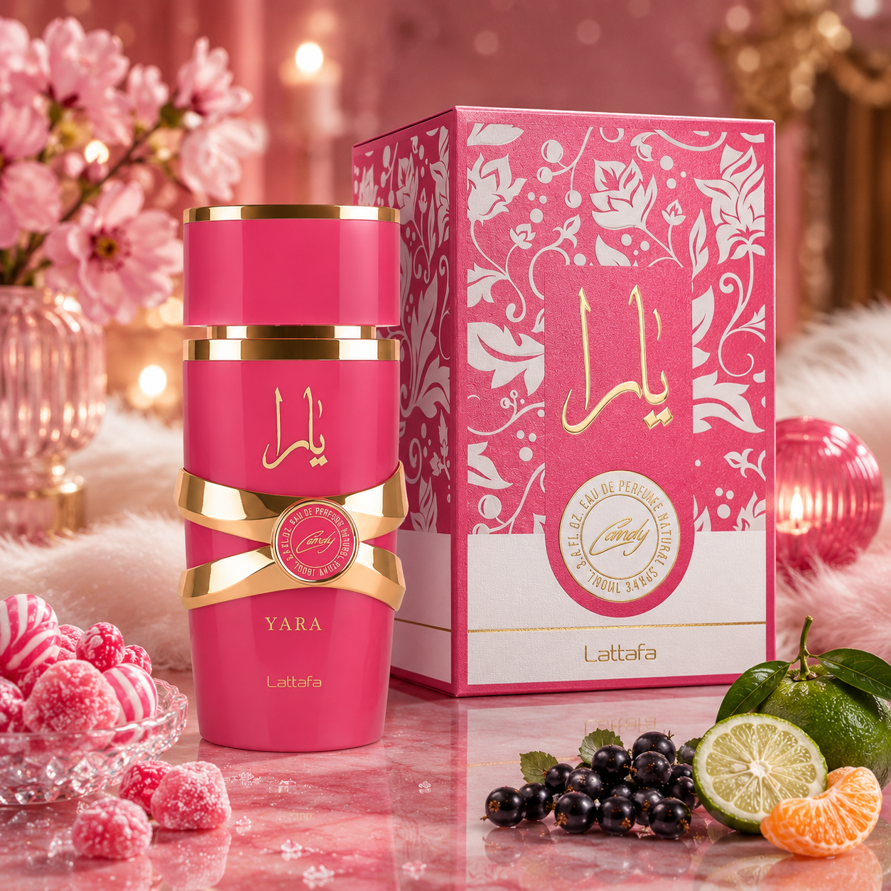 Yara Candy Lattafa parfum femme 100ML avec boîte originale dans une ambiance glamour fruitée florale