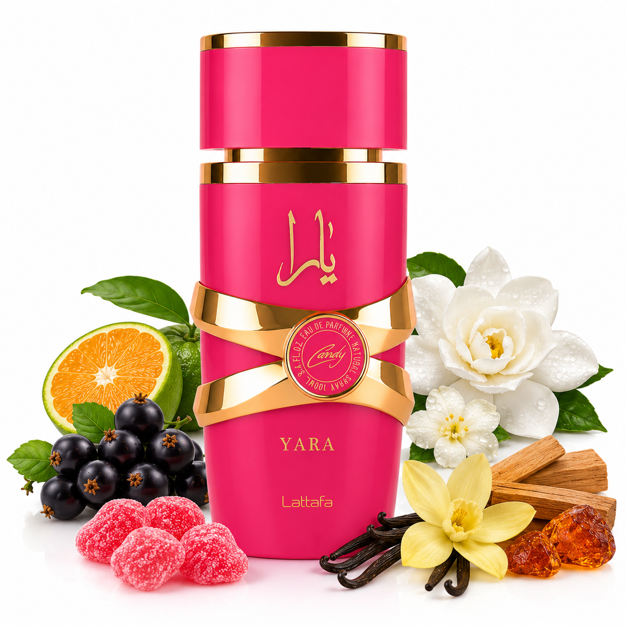 Flacon Yara Candy Lattafa 100ML parfum femme fruité floral gourmand fond blanc avec notes visuelles