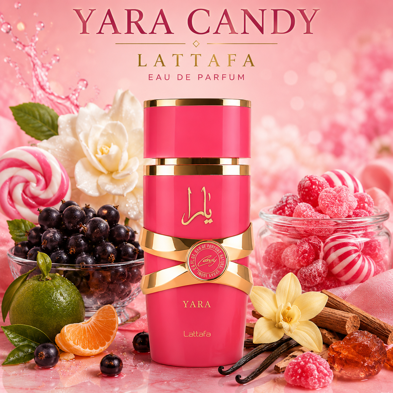 Yara Candy Lattafa parfum femme fruité floral avec cassis mandarine fraise vanille et gardénia