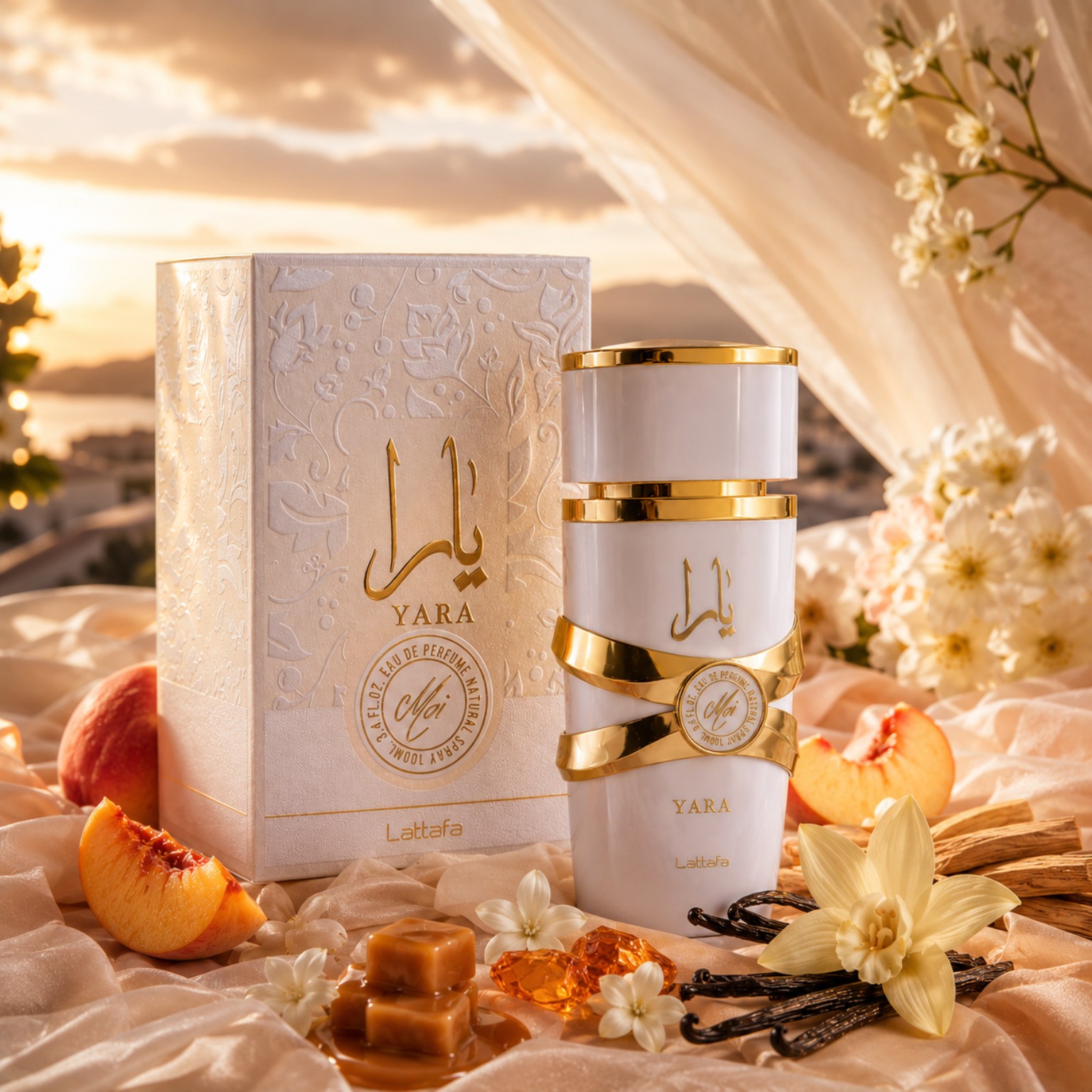 Yara Moi Lattafa parfum femme 100ML avec boîte originale dans une ambiance élégante boisé gourmand