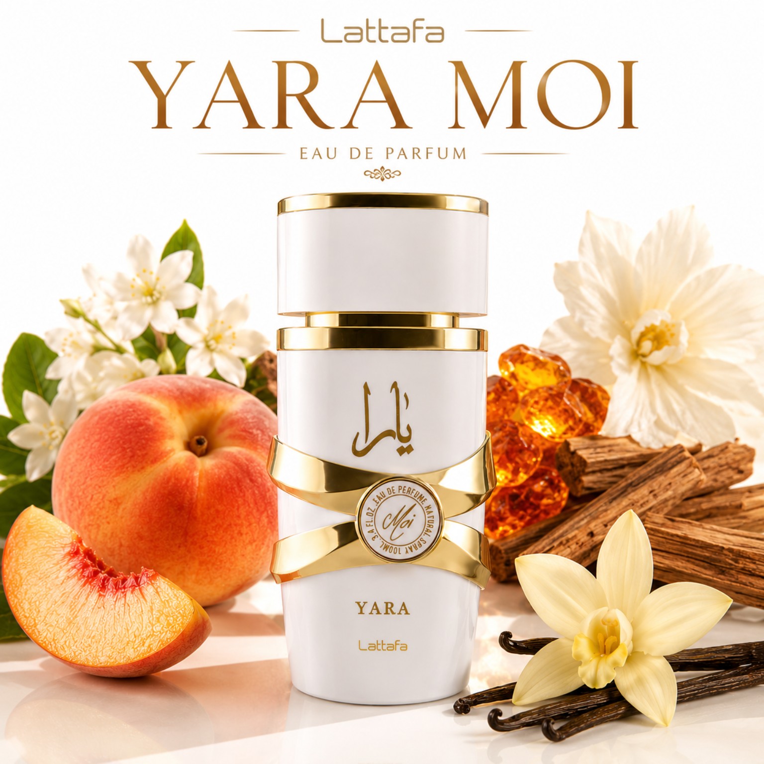 Yara Moi Lattafa parfum femme boisé gourmand avec pêche jasmin caramel vanille et bois de santal