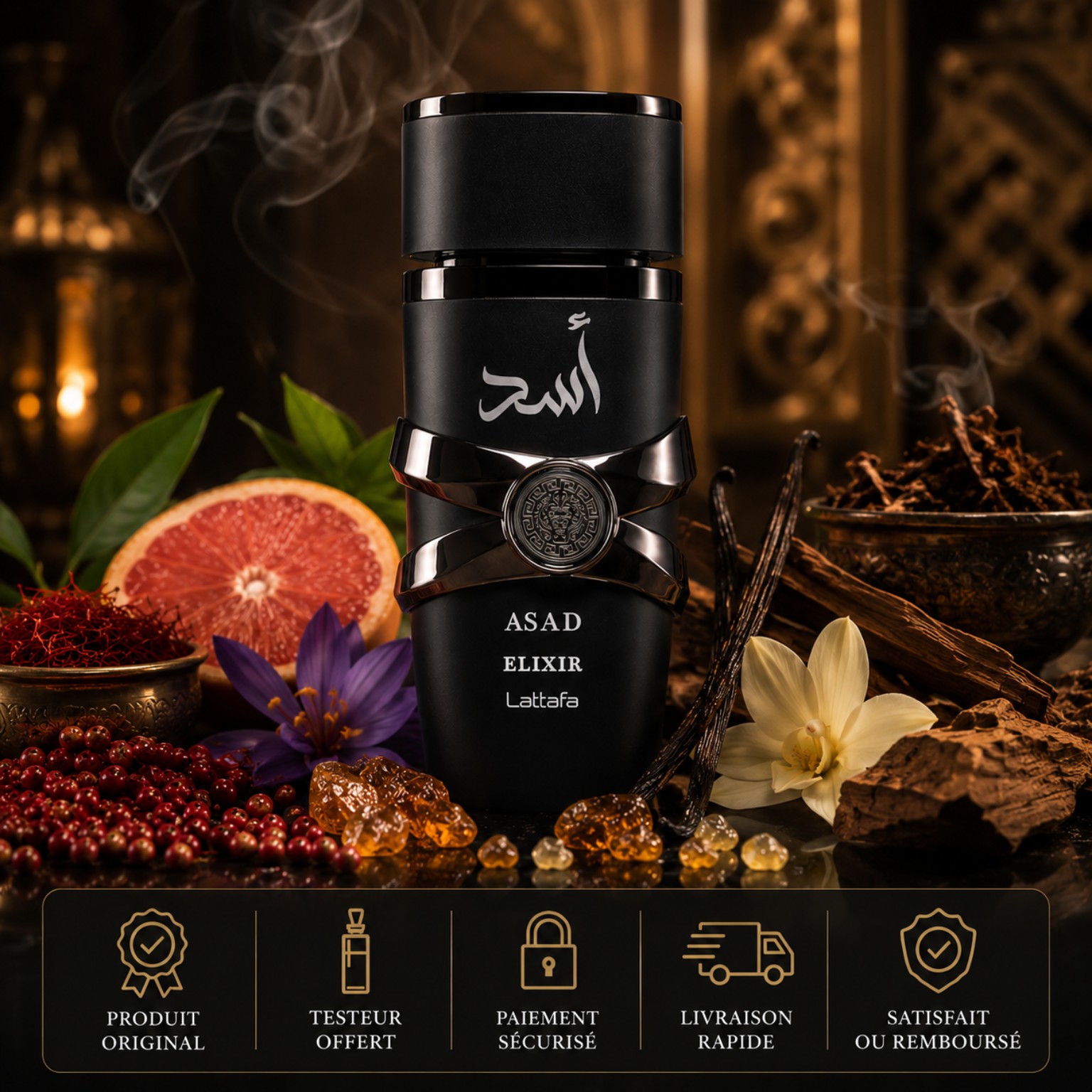 Asad Elixir Lattafa parfum original 100ML avec testeur offert paiement sécurisé livraison rapide et satisfait ou remboursé