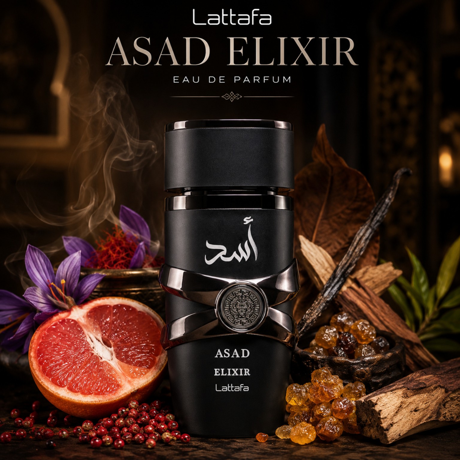 Asad Elixir Lattafa parfum homme oriental boisé avec pamplemousse safran tabac vanille ambre et bois précieux