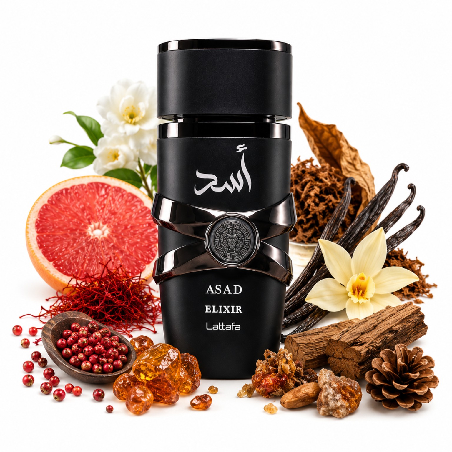 Asad Elixir Lattafa flacon parfum homme sur fond blanc avec notes olfactives visuelles premium orientales boisées