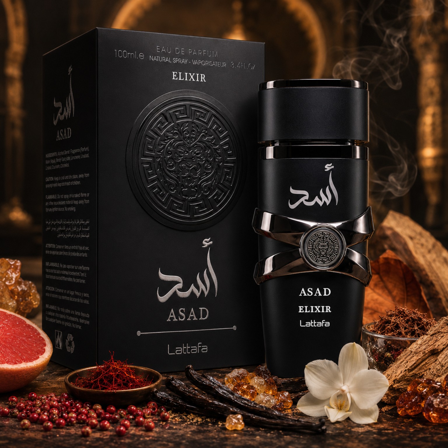 Asad Elixir Lattafa eau de parfum 100ML avec boîte originale dans une ambiance orientale boisée sombre et raffinée