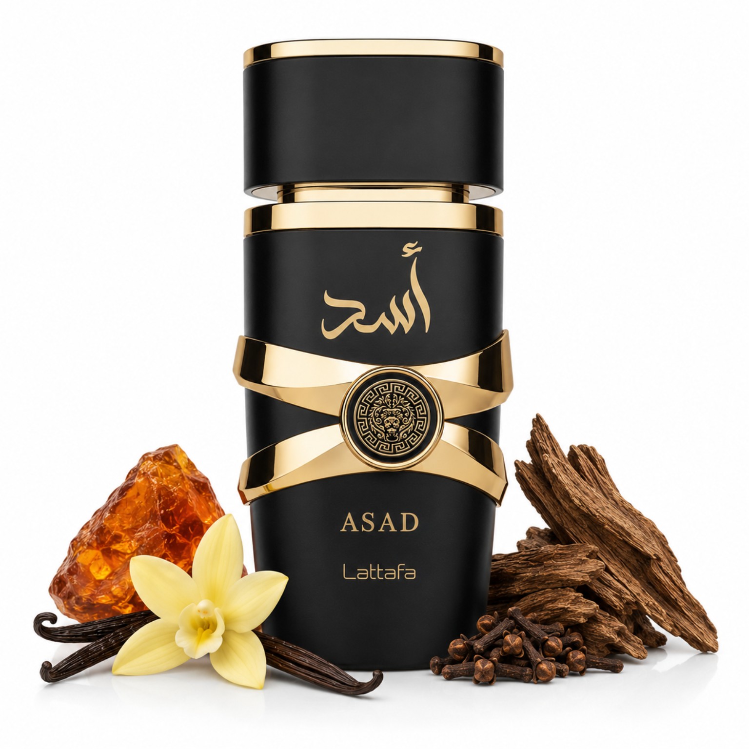 Asad Lattafa flacon parfum homme sur fond blanc avec notes visuelles de vanille, ambre, bois de santal et clou de girofle, style premium épuré